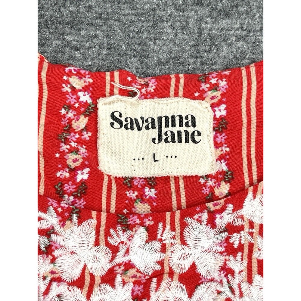 Savannah Jane Top Size Large Red Embroidered Floral Striped Flutter Sleeve - Picture 5 of 8